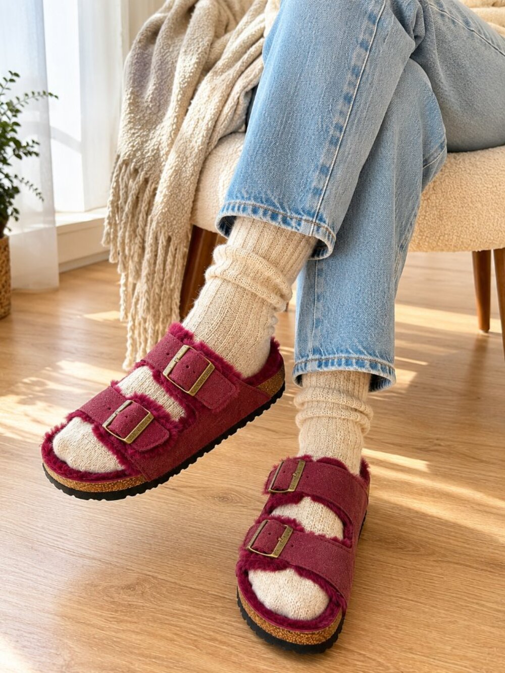 Birkenstock Arizona Shearling Sandals EU 41 Narrow Burgundy Suede Fur Lined
